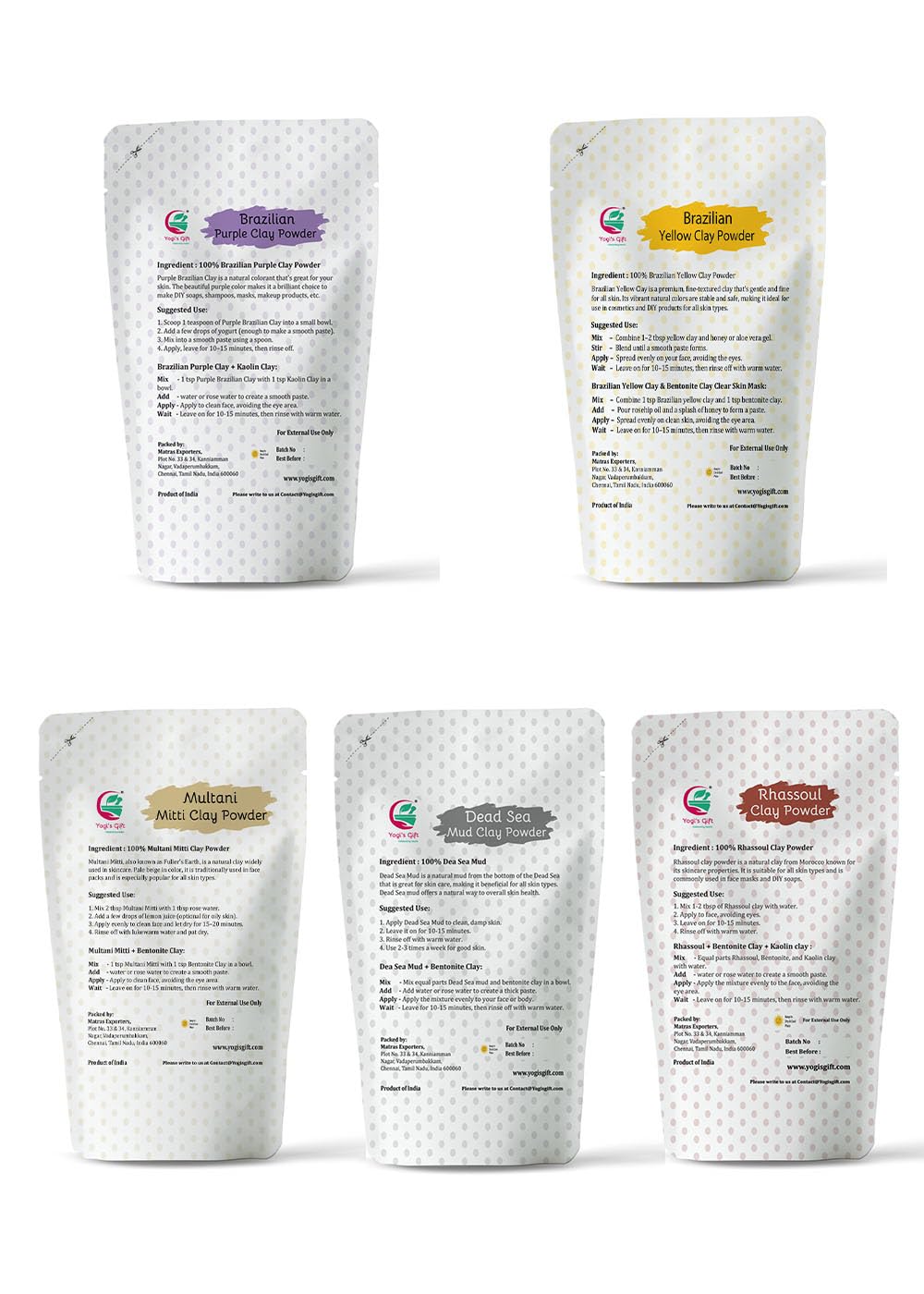 Pack of 5 Cosmetic Clay Powders | Clays for Soap Making and Mask Making | Multani Mitti